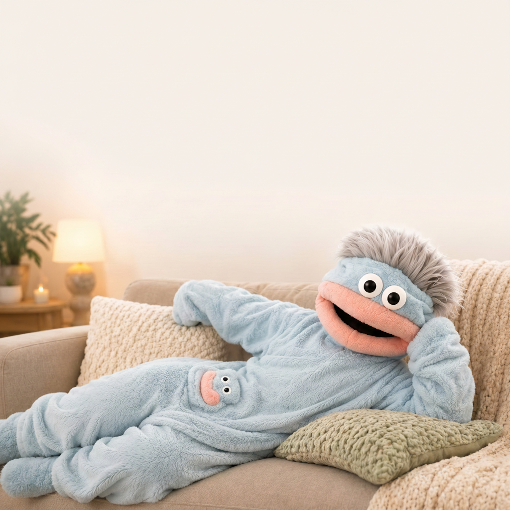 Muñeco azul relajado en el sofá