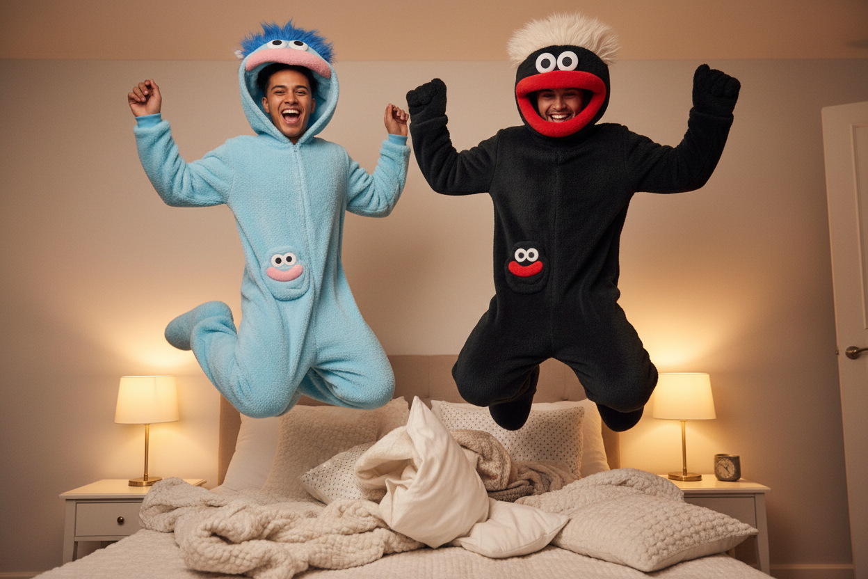Saltando en la cama con pijamas de monstruo
